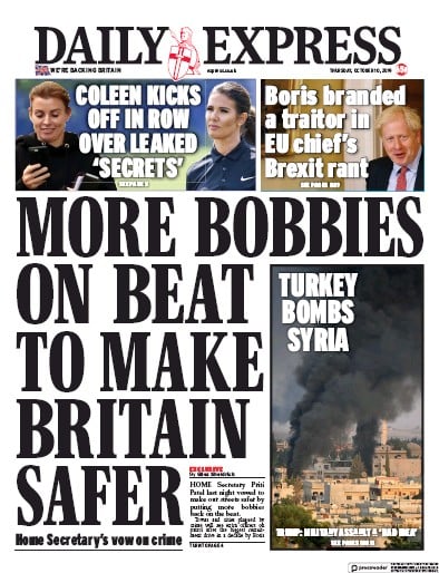 Daily Express Newspaper Front Page (UK) for 10 October 2019