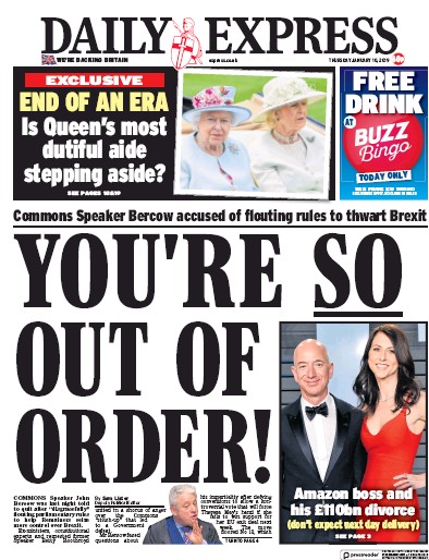 Daily Express Newspaper Front Page (UK) for 10 January 2019