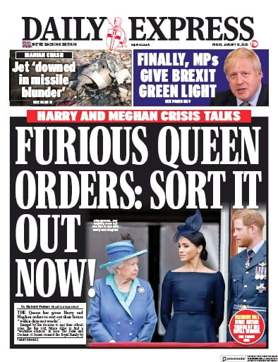Daily Express Newspaper Front Page (UK) for 10 January 2020