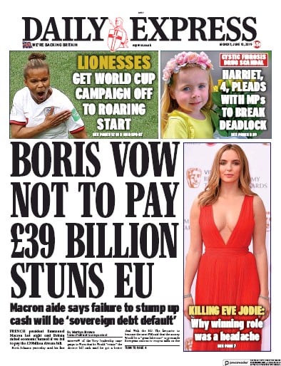 Daily Express Newspaper Front Page (UK) for 10 June 2019