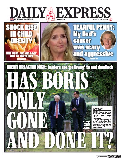 Daily Express Newspaper Front Page (UK) for 11 October 2019
