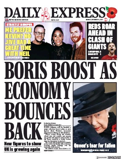 Daily Express Newspaper Front Page (UK) for 11 November 2019