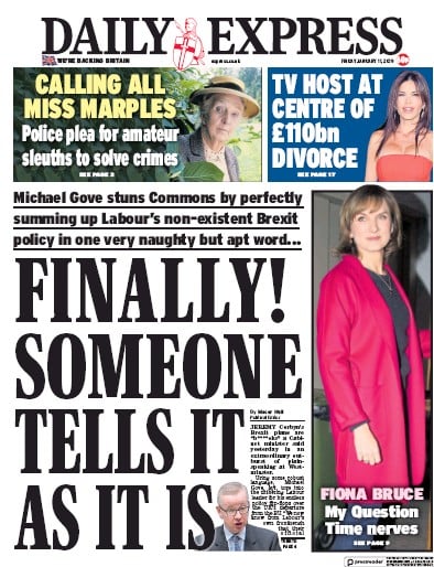 Daily Express Newspaper Front Page (UK) for 11 January 2019