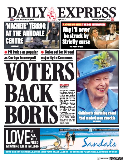 Daily Express Newspaper Front Page (UK) for 12 October 2019