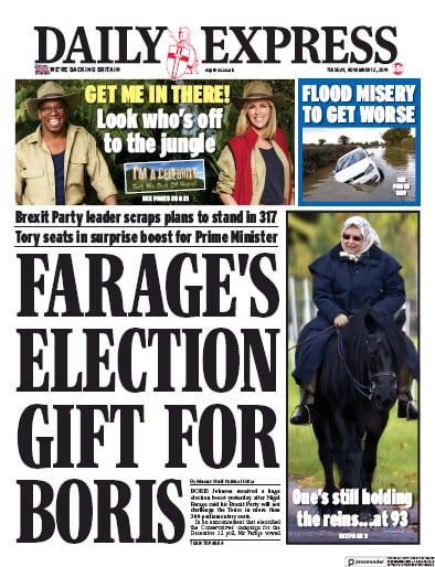 Daily Express Newspaper Front Page (UK) for 12 November 2019