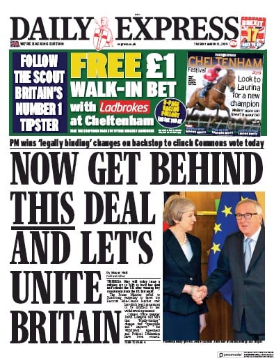 Daily Express Newspaper Front Page (UK) for 12 March 2019