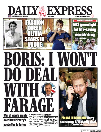 Daily Express Newspaper Front Page (UK) for 12 September 2019