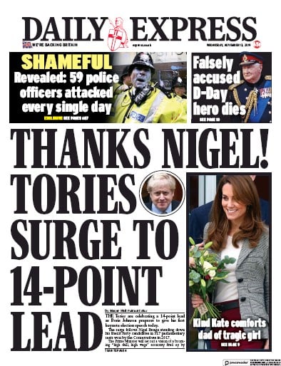 Daily Express Newspaper Front Page (UK) for 13 November 2019