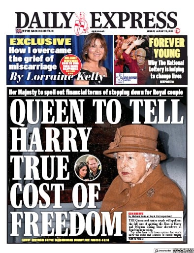 Daily Express Newspaper Front Page (UK) for 13 January 2020