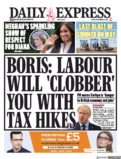 Daily Express Newspaper Front Page (UK) for 13 September 2019