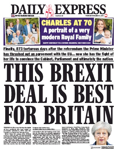 Daily Express Newspaper Front Page (UK) for 14 November 2018