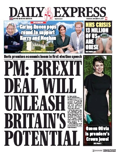 Daily Express Newspaper Front Page (UK) for 14 November 2019
