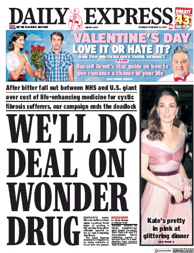 Daily Express Newspaper Front Page (UK) for 14 February 2019