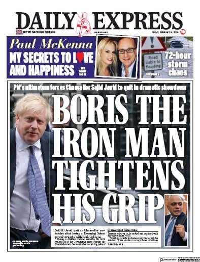 Daily Express Newspaper Front Page (UK) for 14 February 2020