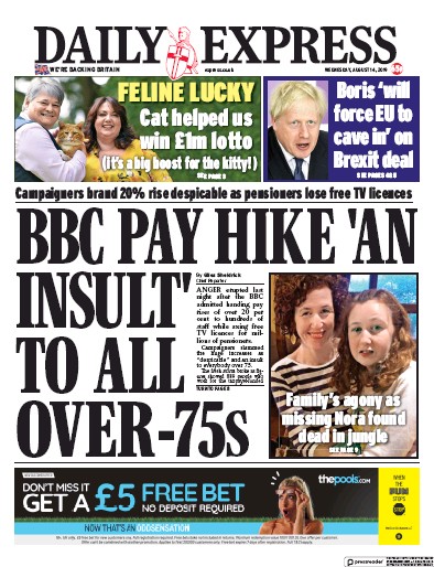 Daily Express Newspaper Front Page (UK) for 14 August 2019