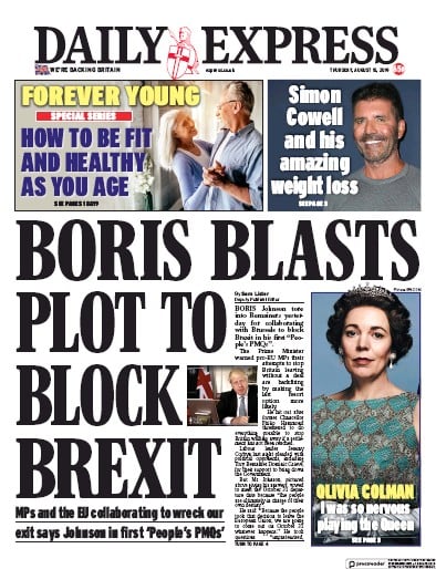 Daily Express Newspaper Front Page (UK) for 15 August 2019