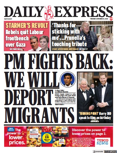 Daily Express Newspaper Front Page (UK) for 16 November 2023