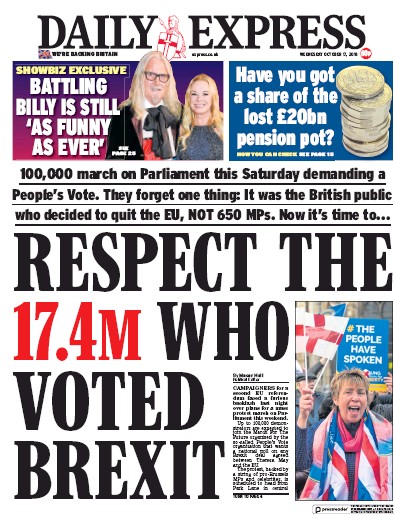 Daily Express Newspaper Front Page (UK) for 17 October 2018