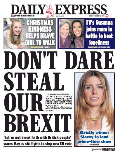 Daily Express Newspaper Front Page (UK) for 17 December 2018