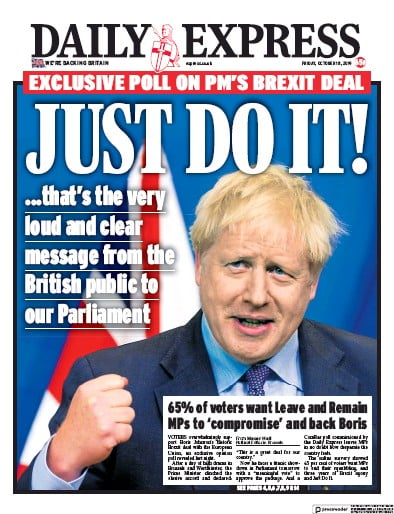 Daily Express Newspaper Front Page (UK) for 18 October 2019