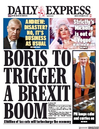 Daily Express Newspaper Front Page (UK) for 18 November 2019