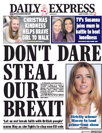 Daily Express Newspaper Front Page (UK) for 18 December 2018