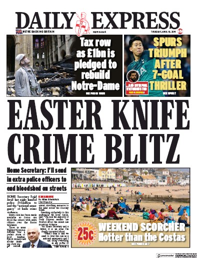 Daily Express Newspaper Front Page (UK) for 18 April 2019