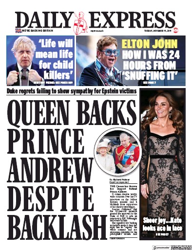 Daily Express Newspaper Front Page (UK) for 19 November 2019