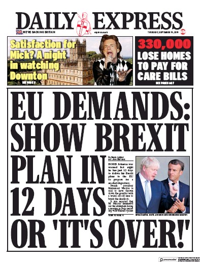 Daily Express Newspaper Front Page (UK) for 19 September 2019