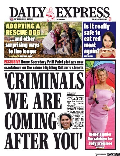 Daily Express Newspaper Front Page (UK) for 1 October 2019
