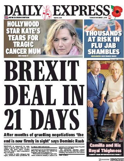 Daily Express Newspaper Front Page (UK) for 1 November 2018