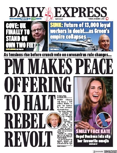 Daily Express Newspaper Front Page (UK) for 1 December 2020