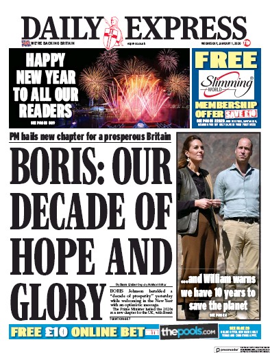 Daily Express Newspaper Front Page (UK) for 1 January 2020