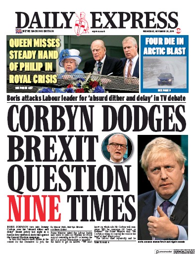 Daily Express Newspaper Front Page (UK) for 20 November 2019