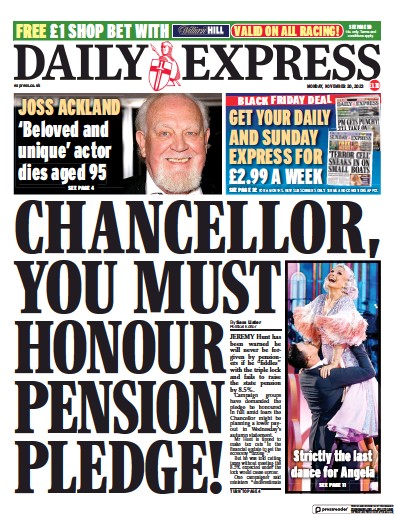 Daily Express Newspaper Front Page (UK) for 20 November 2023