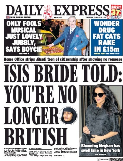Daily Express Newspaper Front Page (UK) for 20 February 2019