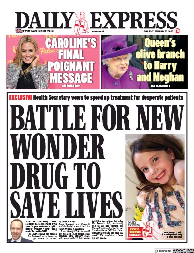 Daily Express Newspaper Front Page (UK) for 20 February 2020