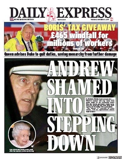 Daily Express Newspaper Front Page (UK) for 21 November 2019