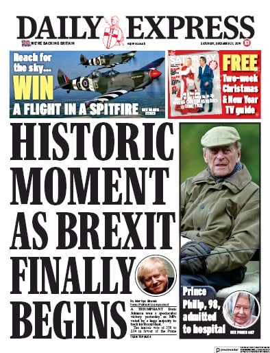 Daily Express Newspaper Front Page (UK) for 21 December 2019