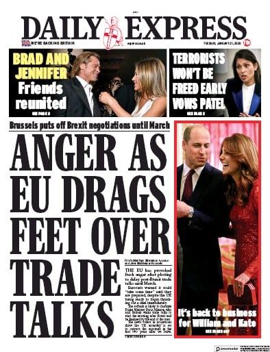 Daily Express Newspaper Front Page (UK) for 21 January 2020