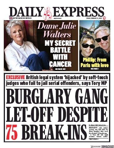 Daily Express Newspaper Front Page (UK) for 21 February 2020