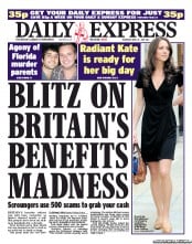 Daily Express Newspaper Front Page (UK) for 21 April 2011