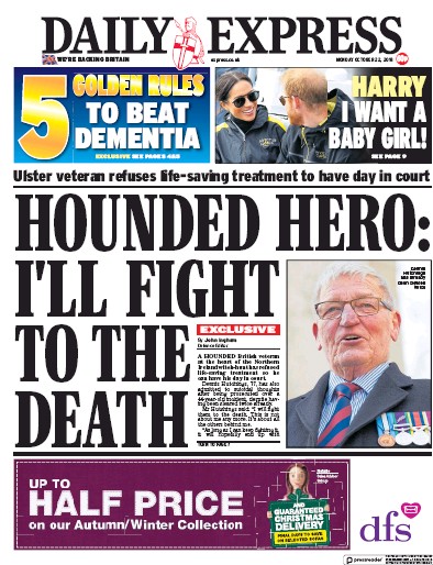 Daily Express Newspaper Front Page (UK) for 22 October 2018