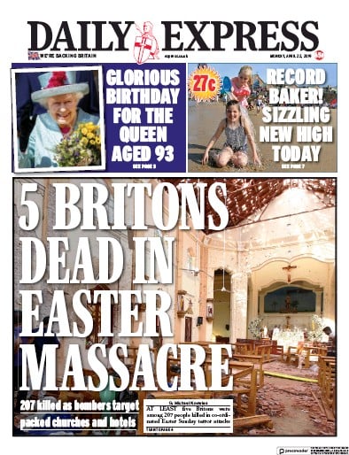Daily Express Newspaper Front Page (UK) for 22 April 2019