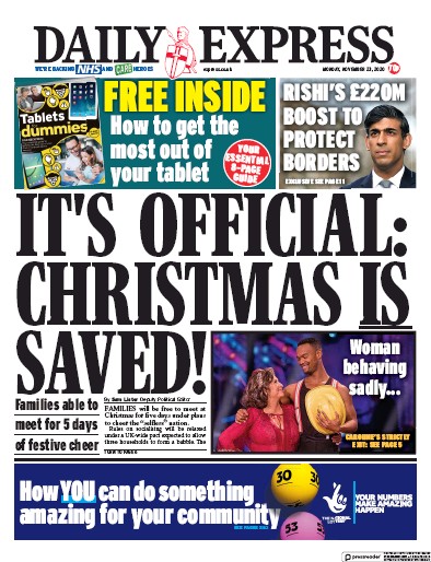 Daily Express Newspaper Front Page (UK) for 23 November 2020