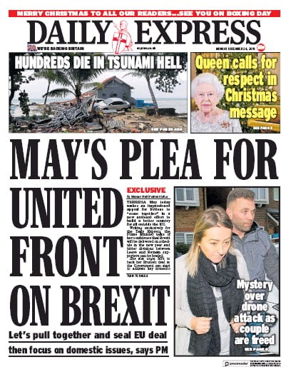 Daily Express Newspaper Front Page (UK) for 24 December 2018