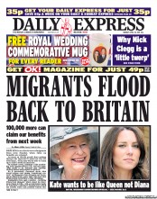 Daily Express Newspaper Front Page (UK) for 25 April 2011