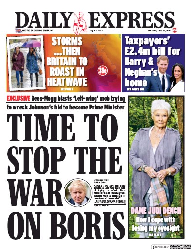 Daily Express Newspaper Front Page (UK) for 25 June 2019