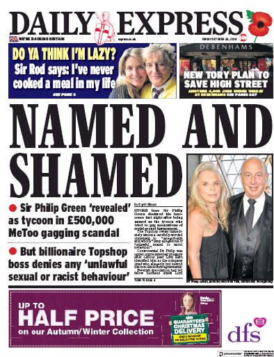 Daily Express Newspaper Front Page (UK) for 26 October 2018