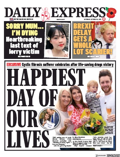 Daily Express Newspaper Front Page (UK) for 26 October 2019